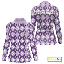Load image into Gallery viewer, Women golf polo shirts custom purple argyle plaid pattern golf attire for ladies, golfer gifts NQS10078