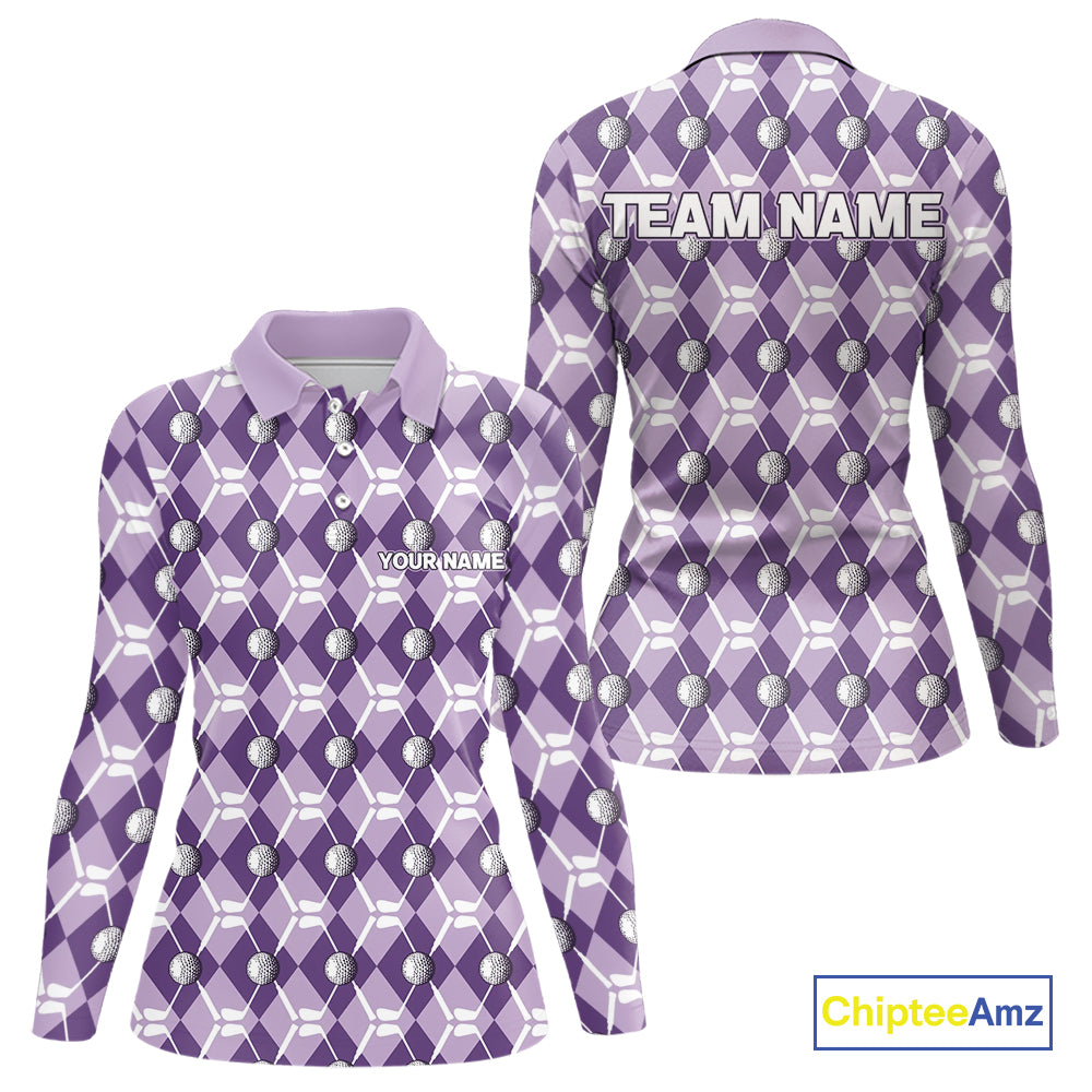 Women golf polo shirts custom purple argyle plaid pattern golf attire for ladies, golfer gifts NQS10078