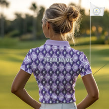 Load image into Gallery viewer, Women golf polo shirts custom purple argyle plaid pattern golf attire for ladies, golfer gifts NQS10078