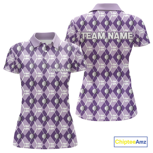 Women golf polo shirts custom purple argyle plaid pattern golf attire for ladies, golfer gifts NQS10078