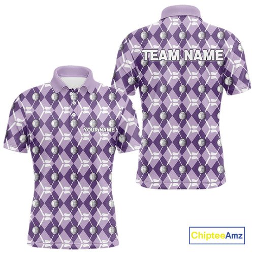 Mens golf polo shirts custom purple argyle plaid pattern golf attire for men, golfer gifts NQS10078