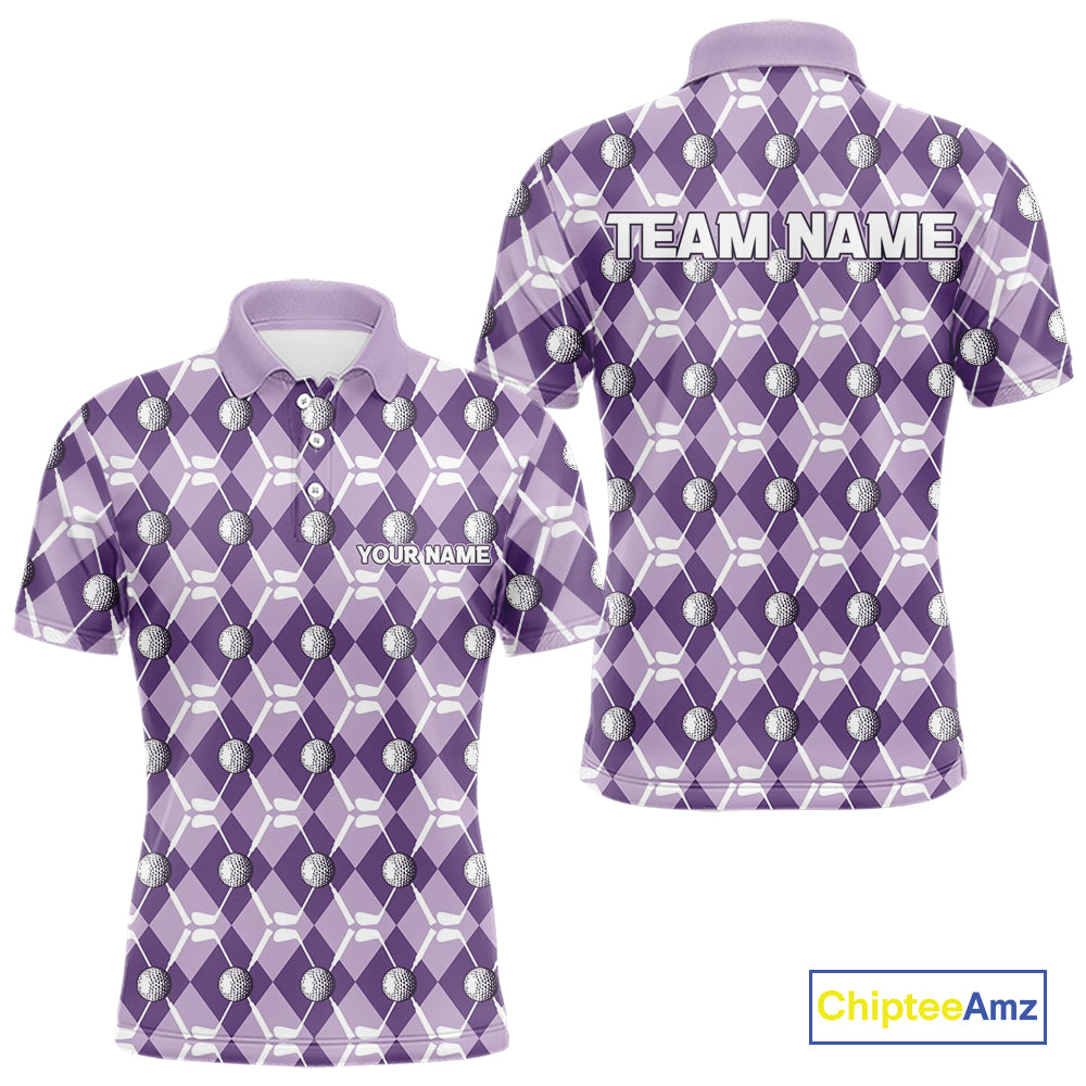 Mens golf polo shirts custom purple argyle plaid pattern golf attire for men, golfer gifts NQS10078