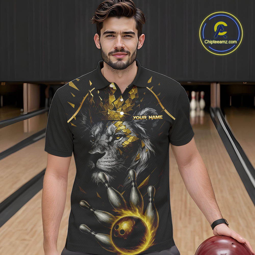 Custom Black and Gold Lion Bowling Polo, Quarter Zip shirts for Men, Lion Team Bowling Jerseys NQS10231