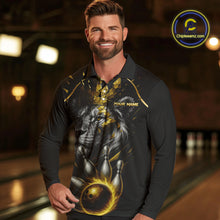 Load image into Gallery viewer, Custom Black and Gold Lion Bowling Polo, Quarter Zip shirts for Men, Lion Team Bowling Jerseys NQS10231