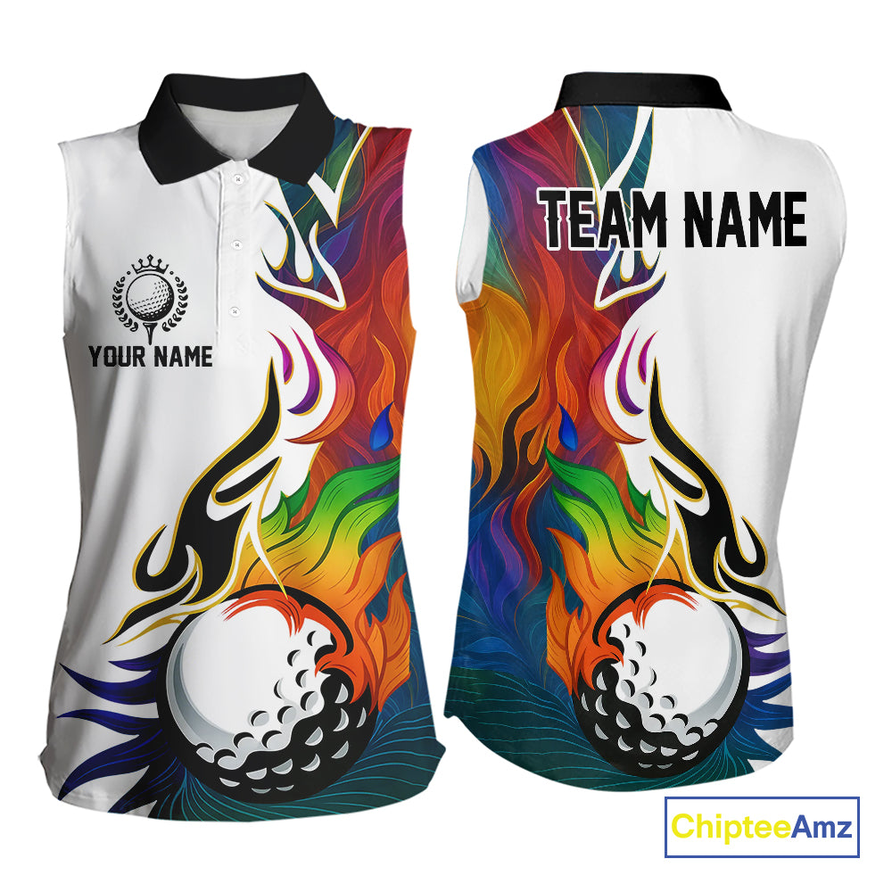 Colorful Rainbow Flame golf ball Women Sleeveless Polos custom team golf jerseys, Ladies golf attire NQS10399