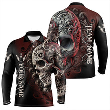 Load image into Gallery viewer, Red and Black Skull Scroll Men Bowling Polo, Quarter Zip Shirts Custom Skull Team bowling Jersey NQS9331