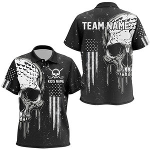 Personalized Black and White American Flag Skull Kid golf polo shirts, Patriotic Golf Jerseys NQS8602