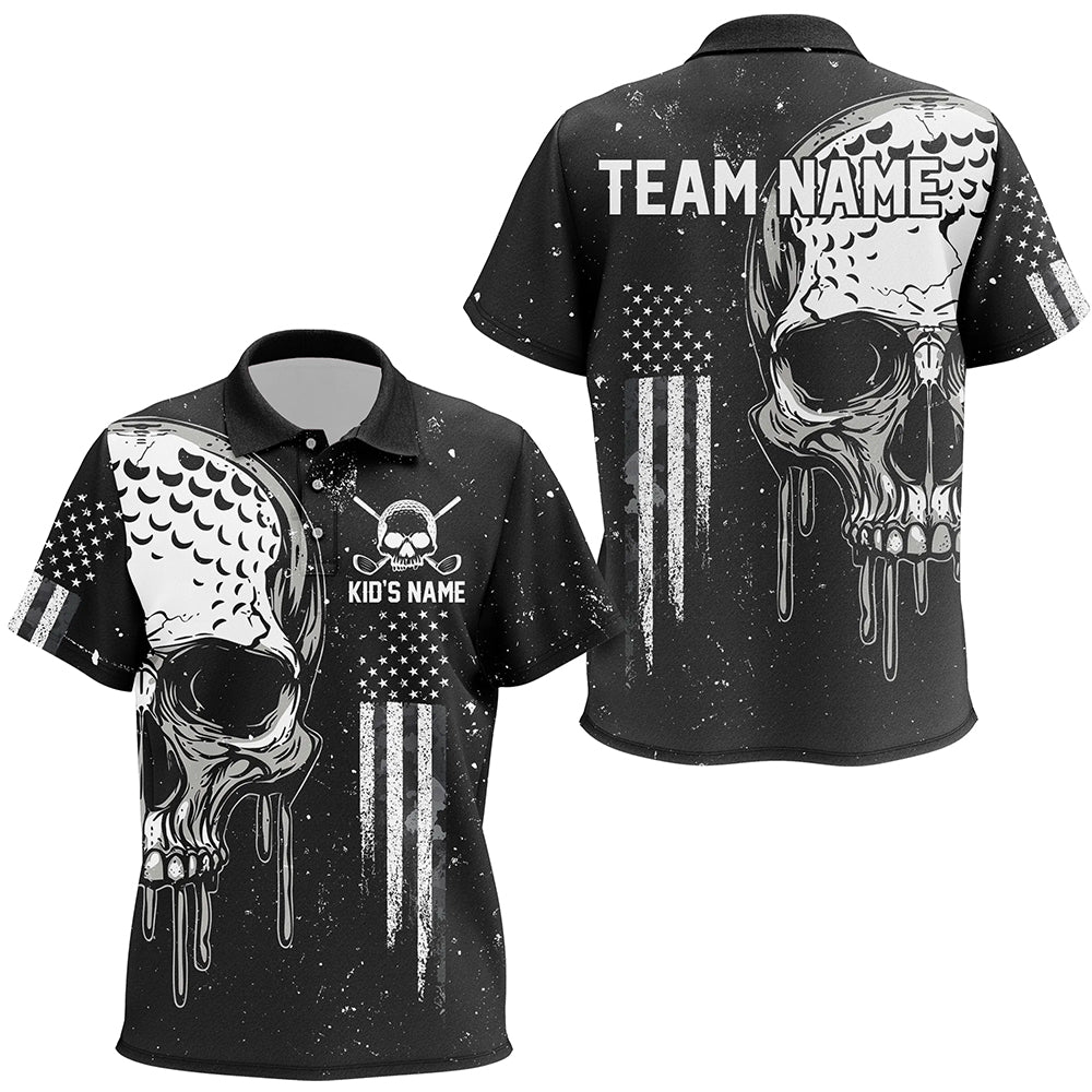 Personalized Black and White American Flag Skull Kid golf polo shirts, Patriotic Golf Jerseys NQS8602