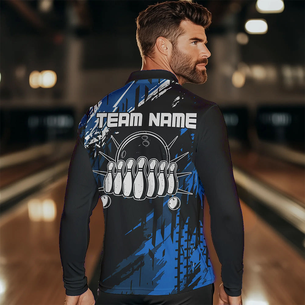 Black and Blue Mens bowling shirts Custom retro bowling ball and pins bowling team league jerseys NQS9474