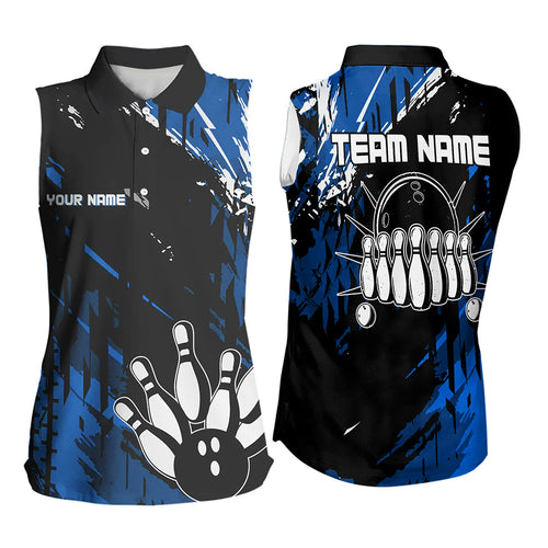 Black and Blue Bowling Sleeveless Polo Shirt Custom retro bowling ball pin bowling team league jerseys NQS9474