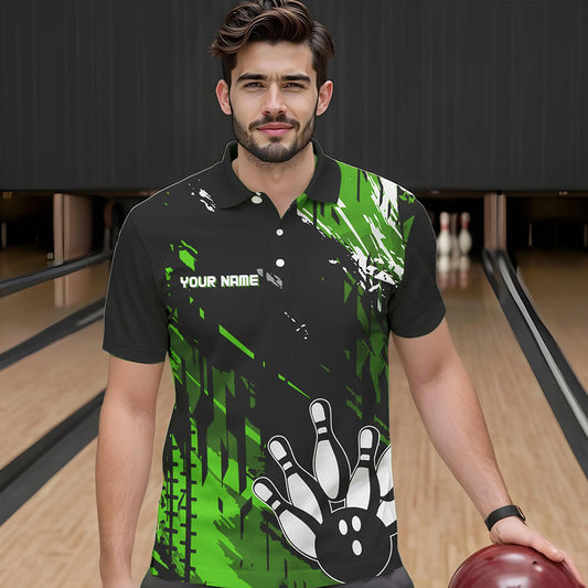 Black and Green Mens bowling shirts Custom retro bowling ball and pins bowling team league jerseys NQS9475