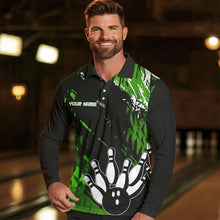 Load image into Gallery viewer, Black and Green Mens bowling shirts Custom retro bowling ball and pins bowling team league jerseys NQS9475