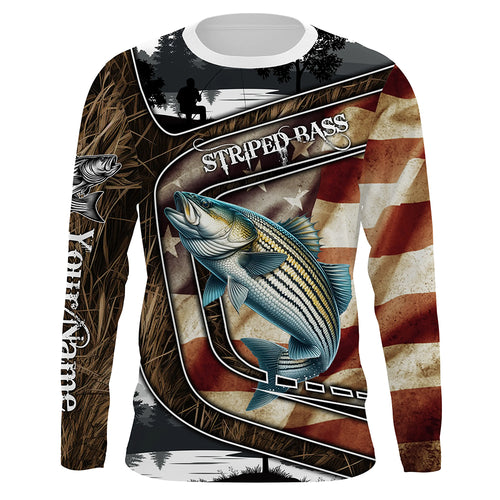 Striped Bass Fishing camo American flag patriotic Customize name striper long sleeve fishing shirts NQS4857