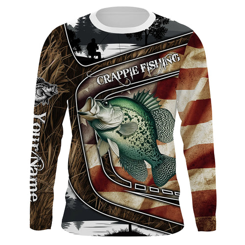 Crappie Fishing camo American flag patriotic Customize name Crappie long sleeve fishing shirts NQS4858