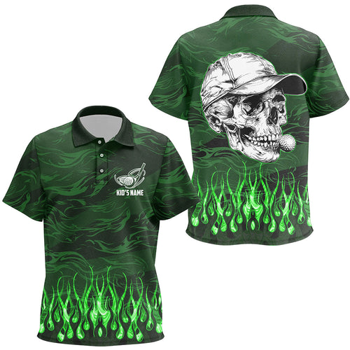 Kid golf polo shirts custom green camo flame golf skull team golf attire for Kid, golfing gifts NQS7430