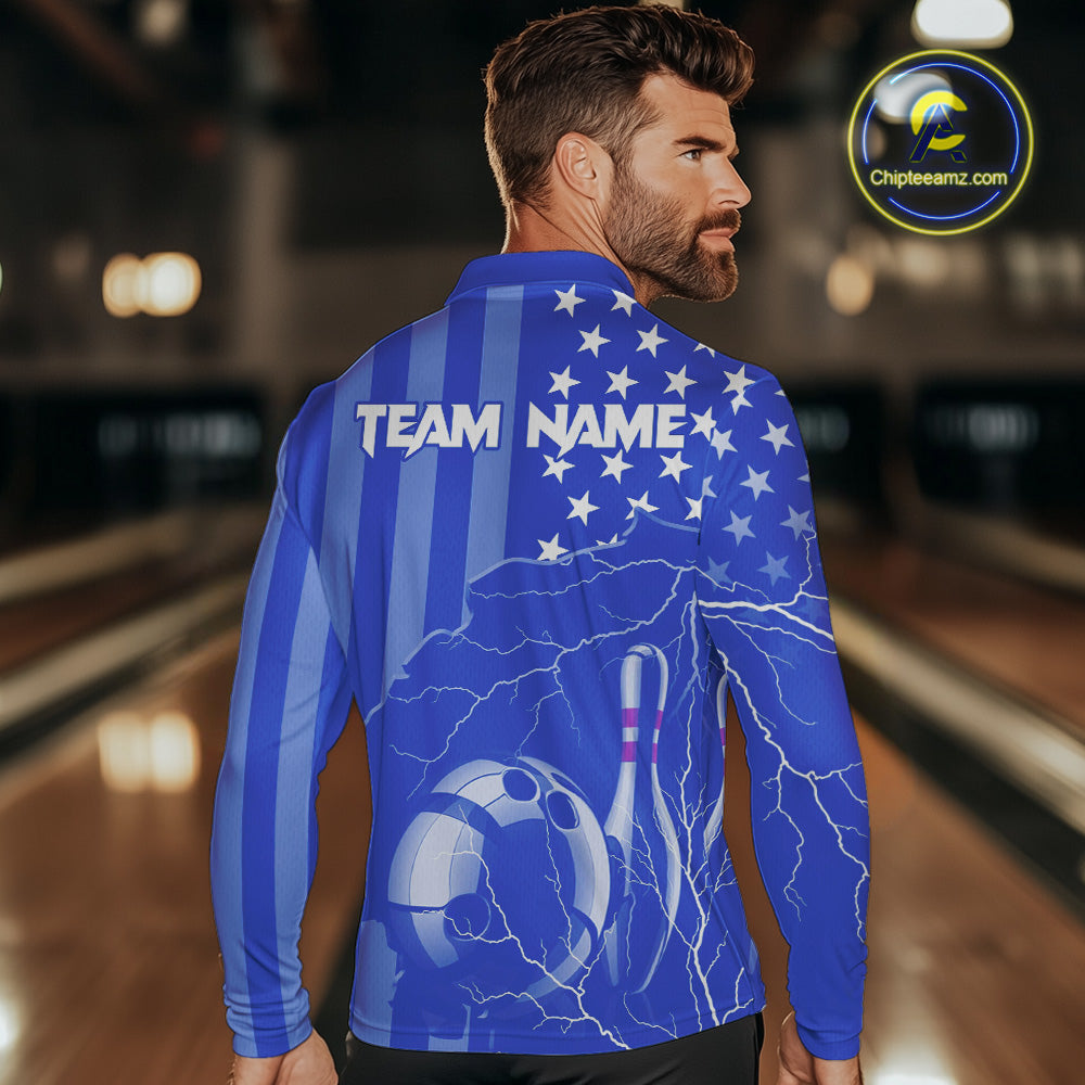 Personalized Blue American flag Lightning thunder Custom Bowling Team Shirts For Mens Bowling Jersey NQS9857