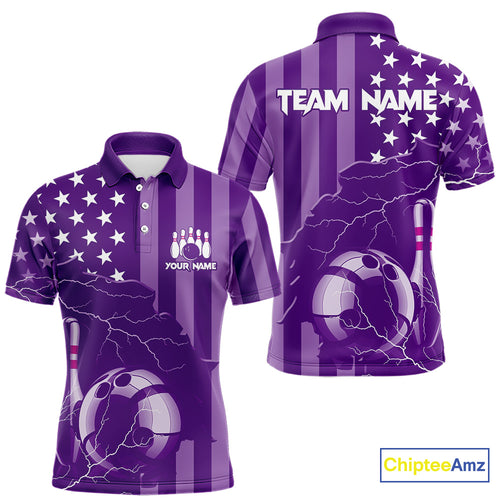 Personalized Purple American flag Lightning thunder Custom Bowling Team Shirts For Mens Bowling Jersey NQS9858