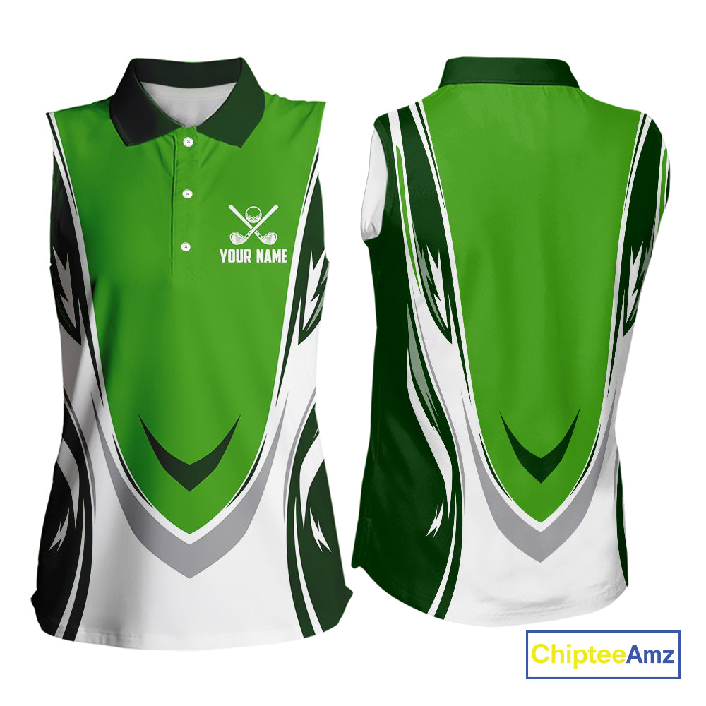 Green and white Women sleeveless golf polo shirt custom golf attire for ladies, gifts for golf lovers NQS10084