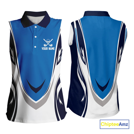 Blue and white Women sleeveless golf polo shirt custom golf attire for ladies, gifts for golf lovers NQS10085