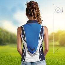 Load image into Gallery viewer, Blue and white Women sleeveless golf polo shirt custom golf attire for ladies, gifts for golf lovers NQS10085