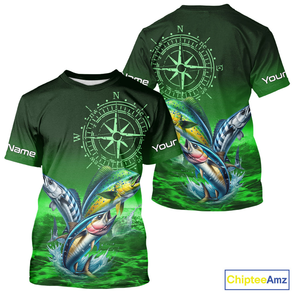 Personalized Mahi Mahi, Wahoo, Tuna Green Performance Fishing Shirt,compass offshore tournament Shirt NQS10234