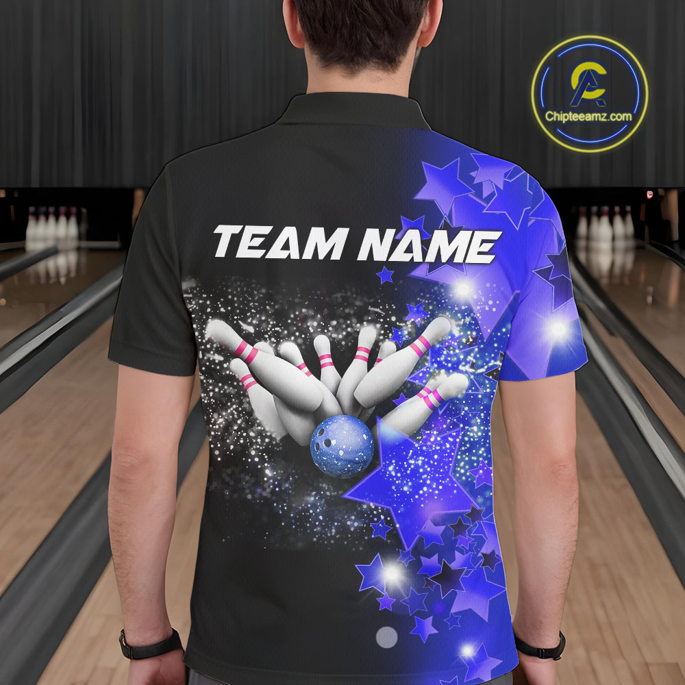 Men bowling Polo, Quarter Zip shirts Custom Blue Stars Bowling Team Bowlers Jersey NQS10598