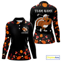 Load image into Gallery viewer, Funny black orange Thanksgiving pattern Golf Polo Shirt For Women custom Turkey golf tops NQS10838