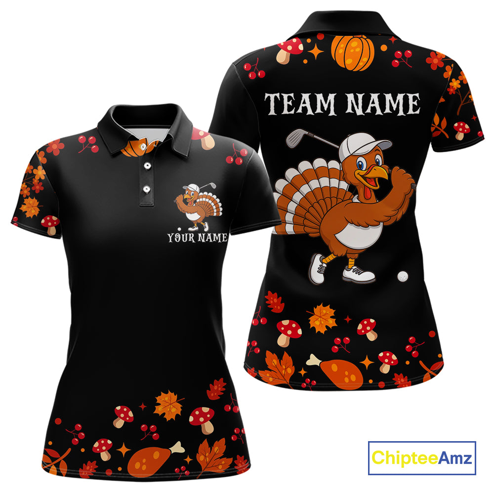 Funny black orange Thanksgiving pattern Golf Polo Shirt For Women custom Turkey golf tops NQS10838