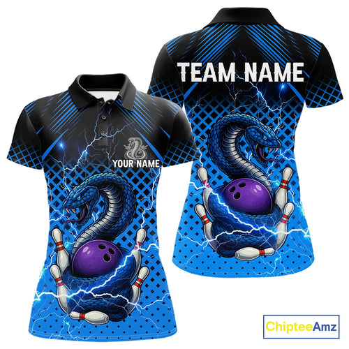 Black & Blue Lightning Thunder Cobra Snake Bowling Shirts For Women Custom Bowling Team League Jersey NQS11006