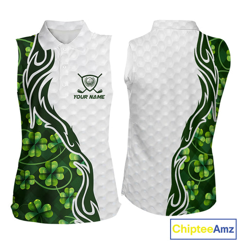 Custom White and Green shamrock pattern Sleeveless Golf Polo Shirts, St Patrick's day ladies golf top NQS11208