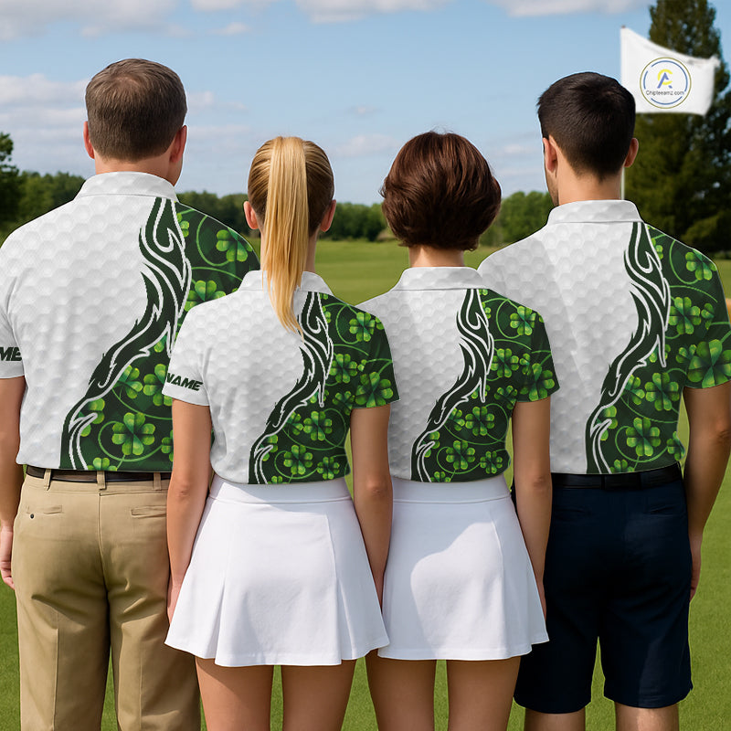 Custom White and Green shamrock pattern Women Golf Polo Shirts, St Patrick's day team ladies golf top NQS11208