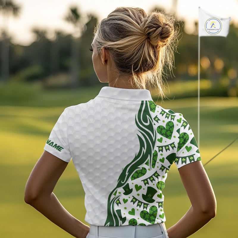 Custom White and Green St Patrick's day pattern Golf Polo Shirts For Women, team ladies golf outfit NQS11209
