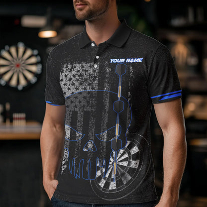 Black & White grunge American Flag Skull Darts Shirt For Men Custom patriotic Team Darts Jersey | Blue NQS9343