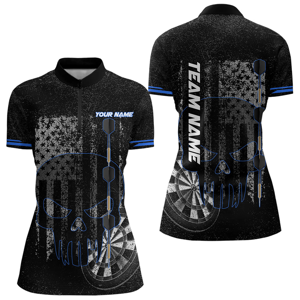 Black & White grunge American Flag Skull Women Darts Shirts Custom patriotic Team Darts Jersey | Blue NQS9343