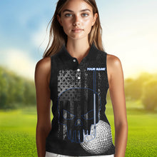 Load image into Gallery viewer, Black &amp; White grunge American Flag Skull Women sleeveless polos custom golf attire for ladies | Blue NQS9344