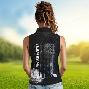 Black & White grunge American Flag Skull Women sleeveless polos custom golf attire for ladies | Blue NQS9344