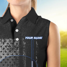 Load image into Gallery viewer, Black &amp; White grunge American Flag Skull Women sleeveless polos custom golf attire for ladies | Blue NQS9344