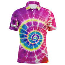 Load image into Gallery viewer, Mens golf polo shirt with colorful spiral tie dye background custom team golf shirts for mens golfers NQS5433