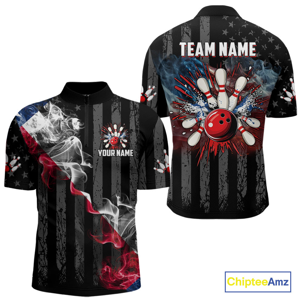 Black Texas flag smoke Men Bowling Polo, Quarter Zip shirt Custom Patriotic Team Bowling Jersey NQS10402
