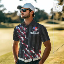 Load image into Gallery viewer, Black American flag smoke Mens golf polo shirts Custom Patriotic Team Golf attire NQS10615