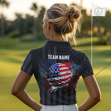 Load image into Gallery viewer, Black American flag smoke Womens golf polo shirts Custom Patriotic Team Golf attire NQS10615