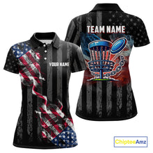 Load image into Gallery viewer, Black American flag smoke Womens disc golf polo shirts Custom Patriotic Team Disc Golf attire NQS10616