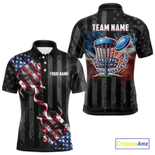 Load image into Gallery viewer, Black American flag smoke Mens disc golf polo shirts Custom Patriotic Team Disc Golf attire NQS10616