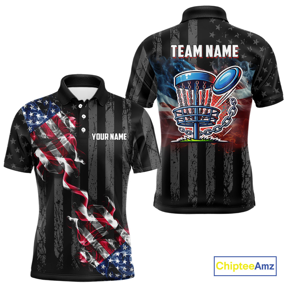 Black American flag smoke Mens disc golf polo shirts Custom Patriotic Team Disc Golf attire NQS10616