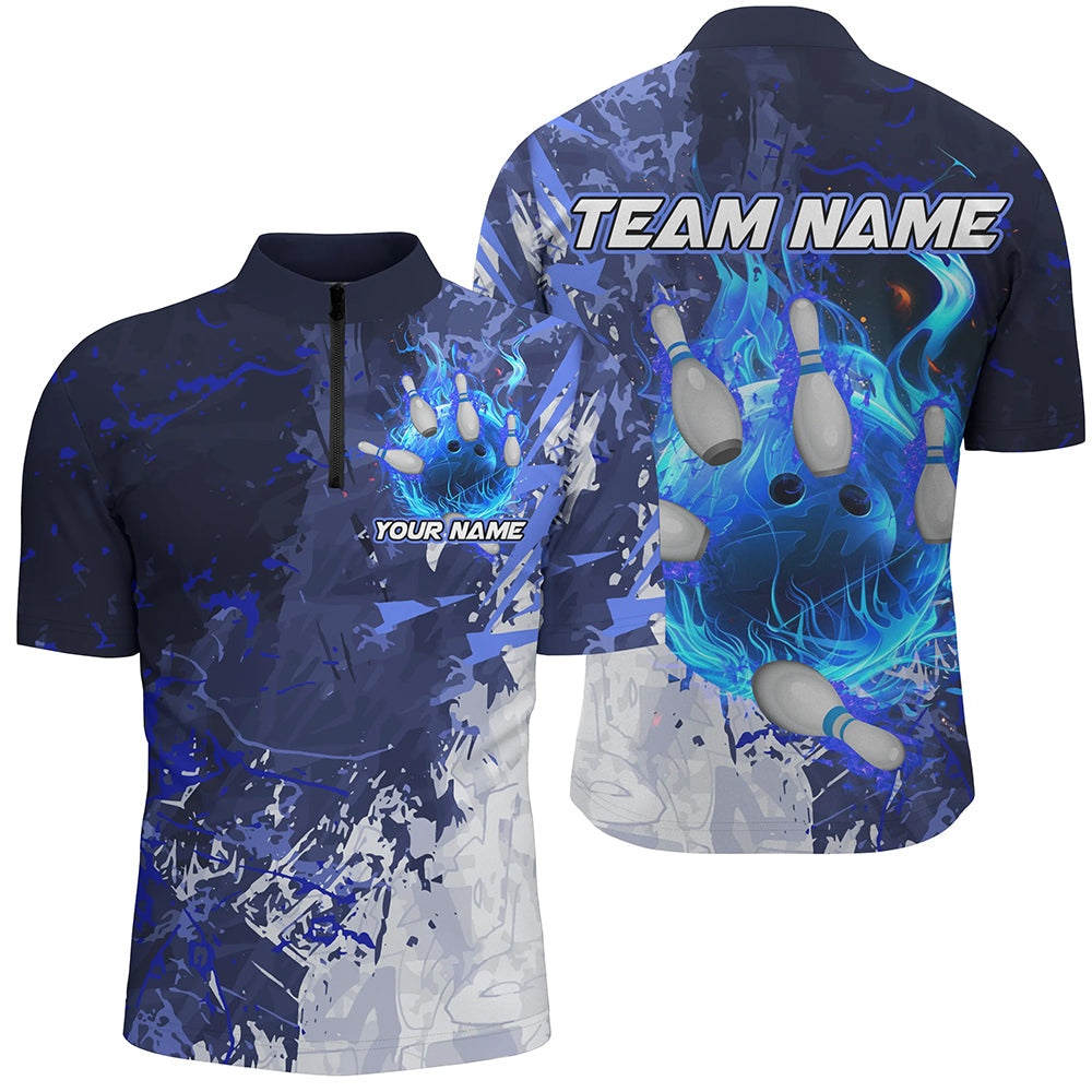 Blue Camo Flame Bowling Polo, Quarter Zip Shirts For Men Custom Bowling Team Jersey Outfits NQS8669