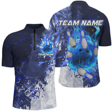Load image into Gallery viewer, Blue Camo Flame Bowling Polo, Quarter Zip Shirts For Men Custom Bowling Team Jersey Outfits NQS8669
