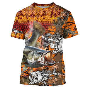 Largemouth Bass fishing orange camo performance long sleeve fishing shirt, Bass fishing jerseys NQS4293