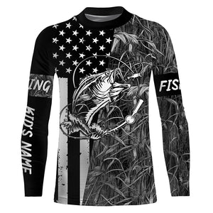 Bass Fishing American Flag patriotic gray Camo custom Performance Long Sleeve fishing shirt for angler NQSD98