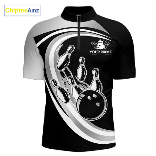 Black and Silver Bowling Shirts For Men Custom Bowling Team League Jerseys, Gift For Bowler NQS11416