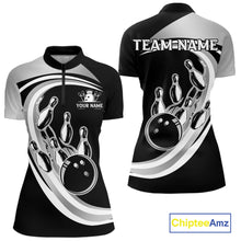 Load image into Gallery viewer, Black and Silver Bowling Shirts For Women Custom Bowling Team League Jerseys, Gift For Bowler NQS11416